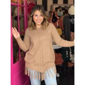 NEW HEATHMOOR fringe bottom sweater tunic top in tan